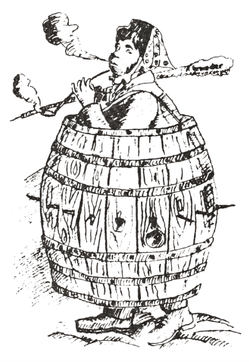 Monchrome line art of a man in a barrel somking a pipe